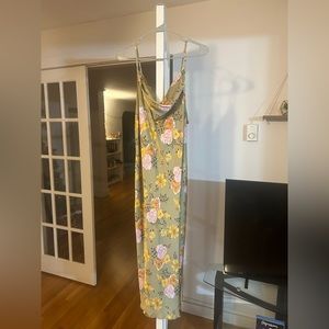 Bebe Silk Floral Olive Green Dress - Size Large